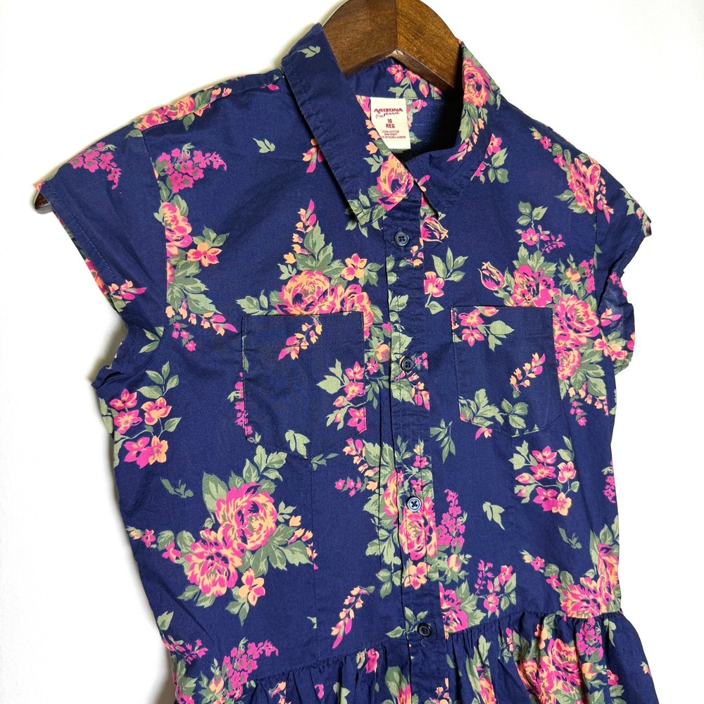 Arizona Jean Co Girls Navy Floral Button Down Shirt Dress Size 16 Regular Cotton
